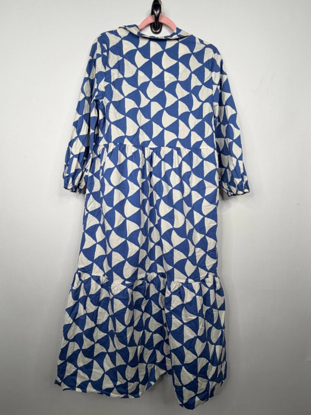 Rachel Zoe Geometric Print Tiered Midi Shirt Dress Blue White L #A3768 - Picture 5 of 8